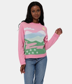 Halara Round Neck Landscape Print Pullover Sweater Women's Tops Pink | SGJUZRN-98
