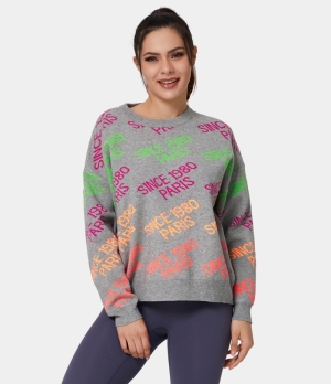 Halara Round Neck Letter Print Color Block Sweater Women's Tops Grey | EIADJMT-86