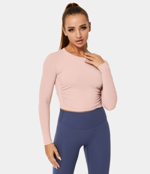 Halara Round Neck Long Sleeve Ruched Sports Women's Tops Tea Pink | QZYPXEF-07