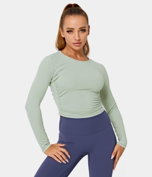 Halara Round Neck Long Sleeve Ruched Sports Women's Tops Spring Green | SQIFVWM-16