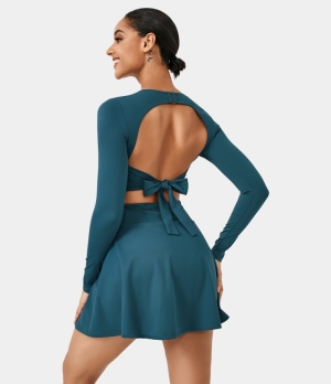 Halara Round Neck Long Sleeve Tie Back Cut Out 2-in-1 Backless Women's Dress Oxford Blue | 149627-BPE