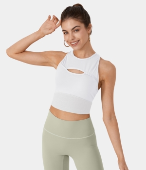 Halara Round Neck Racerback Cut Out Cropped Yoga Tank Women's Tops White | GISQFDP-68