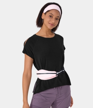 Halara Round Neck Short Sleeve Cold Shoulder Casual Sports Women's Tops Black | FRTCKAM-25