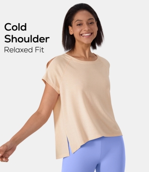 Halara Round Neck Short Sleeve Cold Shoulder Casual Sports Women's Tops White Smoke | GVJQMXA-35