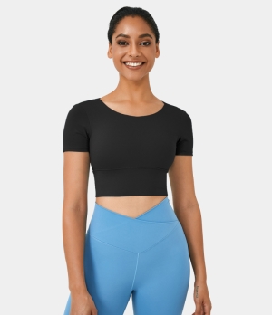 Halara Round Neck Short Sleeve Crisscross Cropped Sports Women's Tops Black | CBZMYOX-31