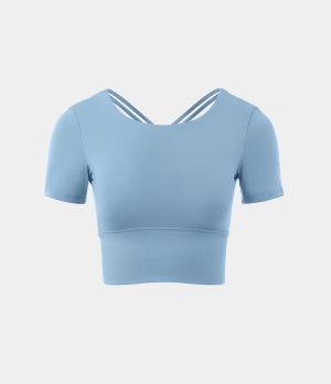 Halara Round Neck Short Sleeve Crisscross Cropped Sports Women's Tops Glacier Blue | MSGLYHV-81