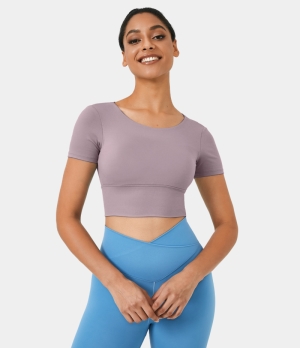 Halara Round Neck Short Sleeve Crisscross Cropped Sports Women's Tops Iris Purple | PMWCBIF-05