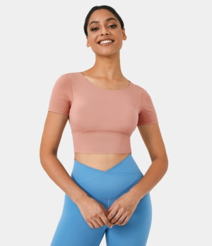 Halara Round Neck Short Sleeve Crisscross Cropped Sports Women's Tops Granite Rose | SJBQYGX-19