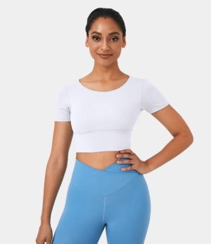 Halara Round Neck Short Sleeve Crisscross Cropped Sports Women's Tops White | ZHDCGXE-83