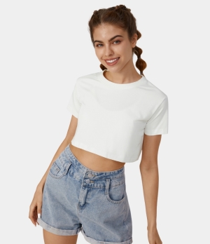 Halara Round Neck Short Sleeve Cropped Relaxed T-Shirt Women's Tops White | LZHAGFE-81