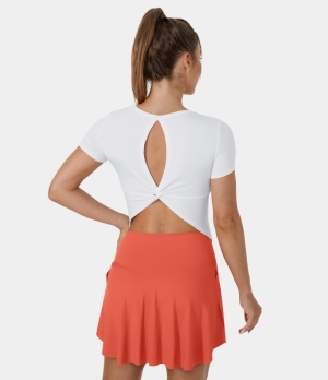 Halara Round Neck Short Sleeve Twisted Cut Out Cropped Barre Ballet Dance Sports Women's Tops White | YVUAINR-70