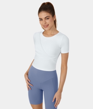 Halara Round Neck Short Sleeve Twisted Yoga Sports Women's Tops White | NLJZPOQ-96