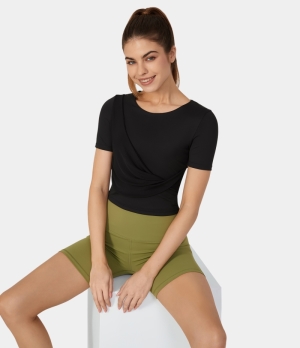 Halara Round Neck Short Sleeve Twisted Yoga Sports Women's Tops Black | QZCMNTW-47