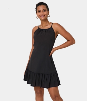 Halara Round Neck Sleeveless Backless Ruched Plain Lounge Women's Dress Black | 419365-QVJ