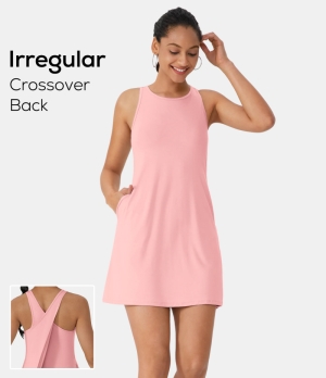 Halara Round Neck Sleeveless Side Pocket A Line Mini Women's Dress Putty Pink | 146298-ZFL