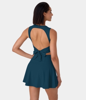 Halara Round Neck Sleeveless Tie Back Cut Out 2-in-1 Backless Women's Dress Oxford Blue | 671849-KED