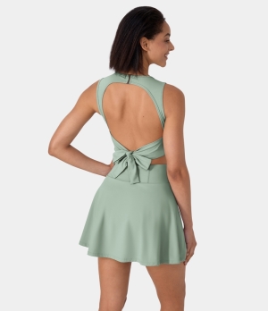 Halara Round Neck Sleeveless Tie Back Cut Out 2-in-1 Backless Women's Dress Green Lily | 693528-GKR