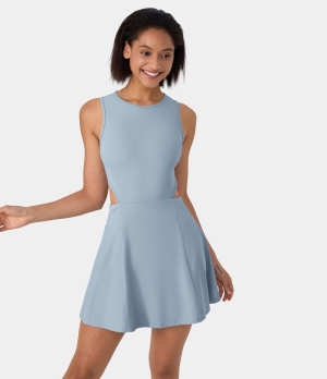 Halara Round Neck Sleeveless Tie Back Cut Out 2-in-1 Backless Women's Dress Celestial Blue | 835192-QFI