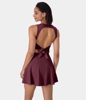 Halara Round Neck Sleeveless Tie Back Cut Out 2-in-1 Backless Women's Dress New Maroon | 984631-YTZ