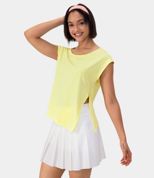 Halara Round Neck Split Hem Asymmetric Barre Ballet Dance Women's Tops Milky Yellow | BGOLHND-43
