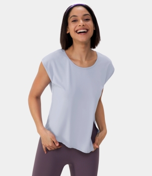 Halara Round Neck Split Hem Asymmetric Barre Ballet Dance Women's Tops Light Purple | OGQJXYW-32