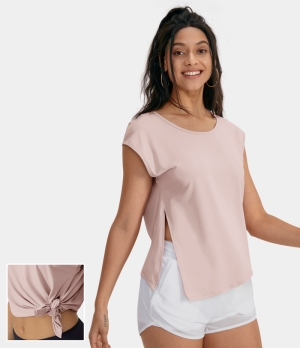 Halara Round Neck Split Hem Asymmetric Barre Ballet Dance Women's Tops Tea Pink | VCYDGQO-29