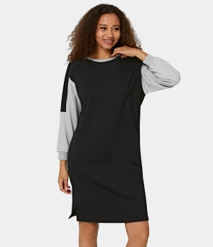 Halara Round Neck Split Hem Color Block Knee Length Casual Women's Tops Black | HTSMDJW-56