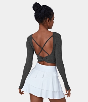 Halara Round Neck Thumb Hole Backless Crisscross Twisted Cropped Sports Women's Tops Dark Grey | EWYDPZF-72