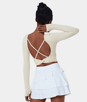 Halara Round Neck Thumb Hole Backless Crisscross Twisted Cropped Sports Women's Tops Coconut White | ILZGAOV-45