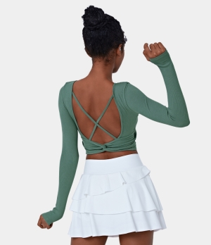 Halara Round Neck Thumb Hole Backless Crisscross Twisted Cropped Sports Women's Tops Viridian | WHMTZIS-60
