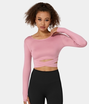 Halara Round Neck Thumb Hole Crossover Hem Cropped Sports Women's Tops Sheer Rosebud | PXFEOAY-43