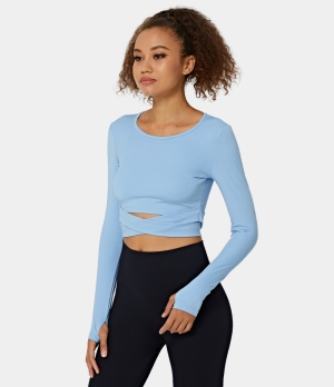 Halara Round Neck Thumb Hole Crossover Hem Cropped Sports Women's Tops Carolina Blue | SUEGRTF-25