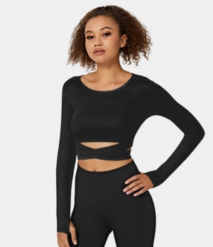 Halara Round Neck Thumb Hole Crossover Hem Cropped Sports Women's Tops Black | XFZKQJU-06