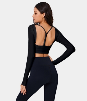 Halara Round Neck Thumb Hole Cut Out Plain Cropped Sports Women's Tops Black | JYDRWGI-96