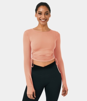 Halara Round Neck Thumb Hole Side Drawstring Ruched Cropped Sports Women's Tops Lilac Pink | CINVAPR-83