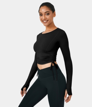 Halara Round Neck Thumb Hole Side Drawstring Ruched Cropped Sports Women's Tops Black | KMNQXJU-45