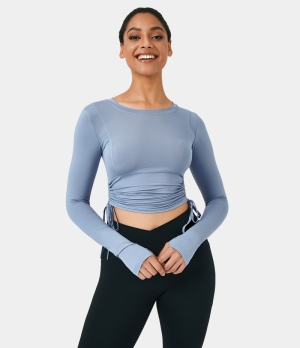 Halara Round Neck Thumb Hole Side Drawstring Ruched Cropped Sports Women's Tops Light Baby Blue | LIVUFZC-78