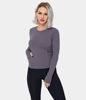 Halara Round Neck Thumb Hole Side Pocket Plain Sports Women's Tops Paisley Purple | OTFNIWD-36