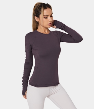 Halara Round Neck Thumb Hole Zip Pocket Sports Women's Tops Graphite Purple | JQFBGSR-74