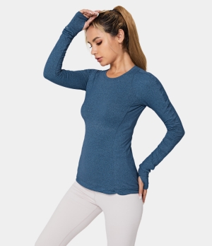Halara Round Neck Thumb Hole Zip Pocket Sports Women's Tops Grey Blue | KWEZIQO-36