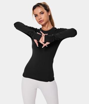 Halara Round Neck Thumb Hole Zip Pocket Sports Women's Tops Black | NAEGFJI-98
