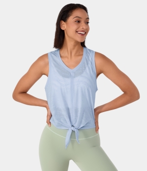 Halara Round Neck Tie Front Barre Ballet Dance Tank Women's Tops Halogen Blue | VHZUWNI-59
