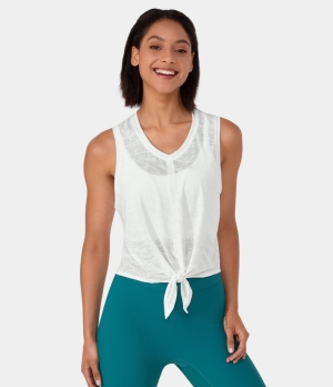 Halara Round Neck Tie Front Barre Ballet Dance Tank Women's Tops White | WLUVRJP-38