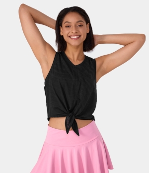 Halara Round Neck Tie Front Barre Ballet Dance Tank Women's Tops Black | WXYMDQV-42