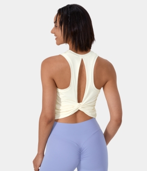 Halara Round Neck Twisted Cut Out Cropped Barre Ballet Dance Women's Tops Marshmallow | BUAKNER-04