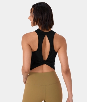 Halara Round Neck Twisted Cut Out Cropped Barre Ballet Dance Women's Tops Black | CEBPHTL-43