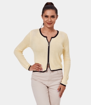 Halara Round Neck Zipper Contrast Trim Plain Cardigan Women's Tops Light Beige | DOEXLZC-60