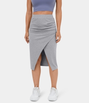 Halara Ruched Split Hem Bodycon Midi Casual Women's Skirts Grey | 209685-PAD