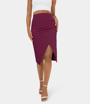 Halara Ruched Split Hem Bodycon Midi Casual Women's Skirts New Maroon | 903247-WHT