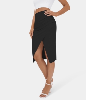 Halara Ruched Split Hem Bodycon Midi Casual Women's Skirts Black | 970258-SQM